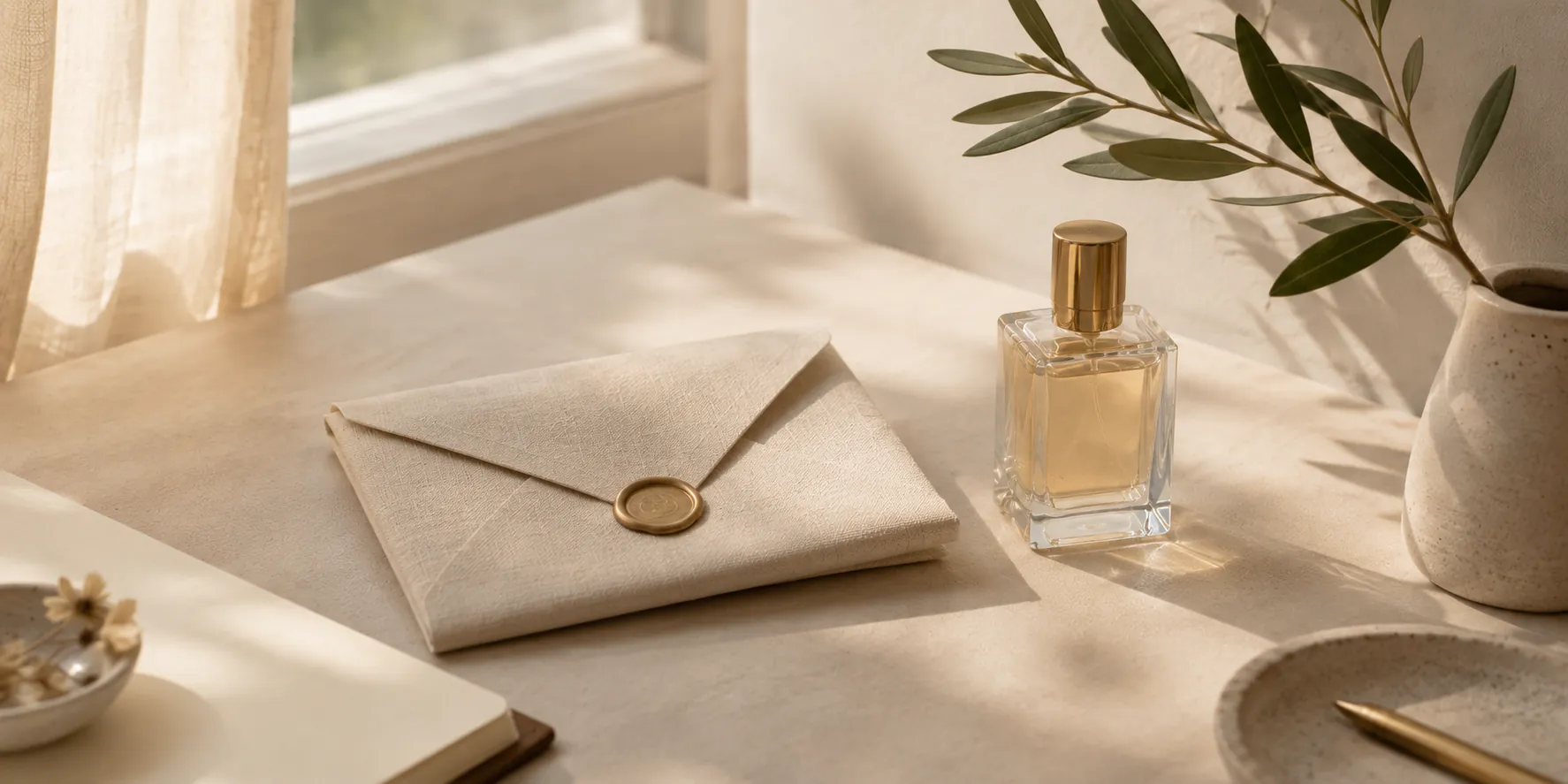 Calm desk still life for contacting NS Perfume care