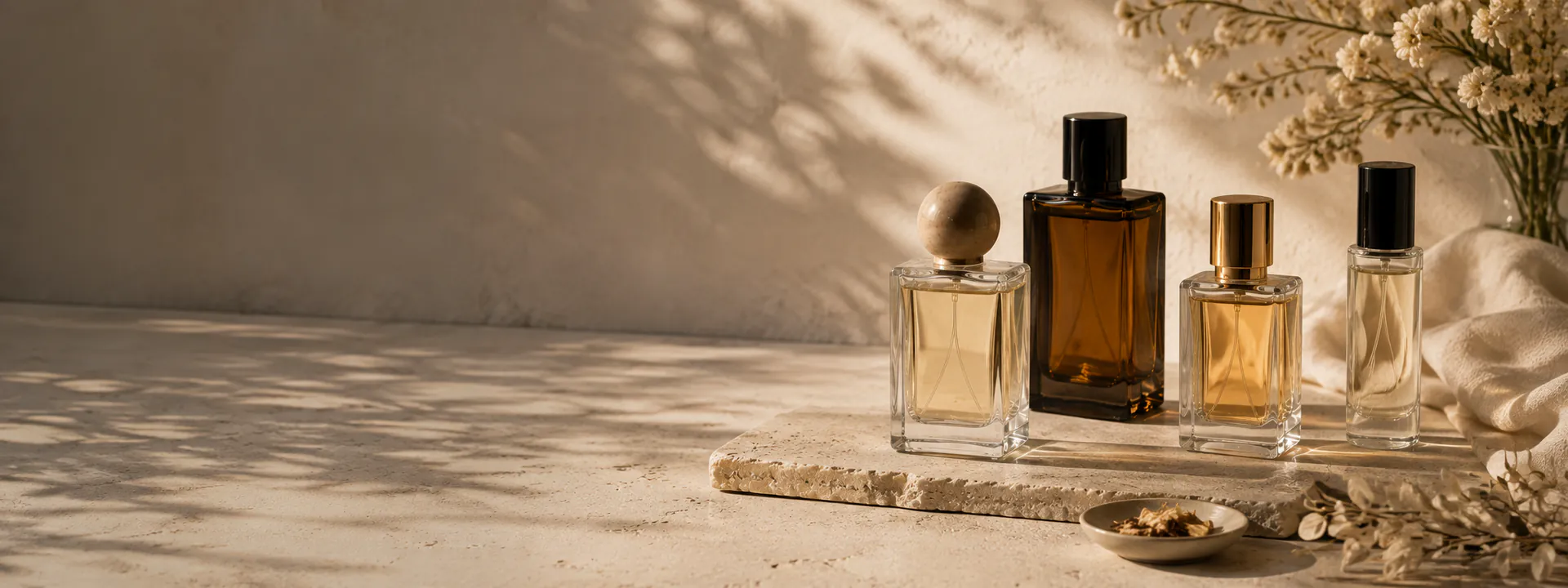 Fragrance bottles and botanicals on warm stone for NS Perfume collections