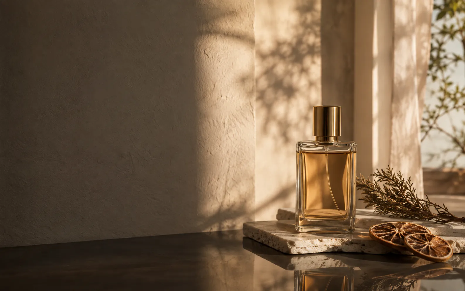 Amber perfume bottle on travertine stone with dried citrus and evening light