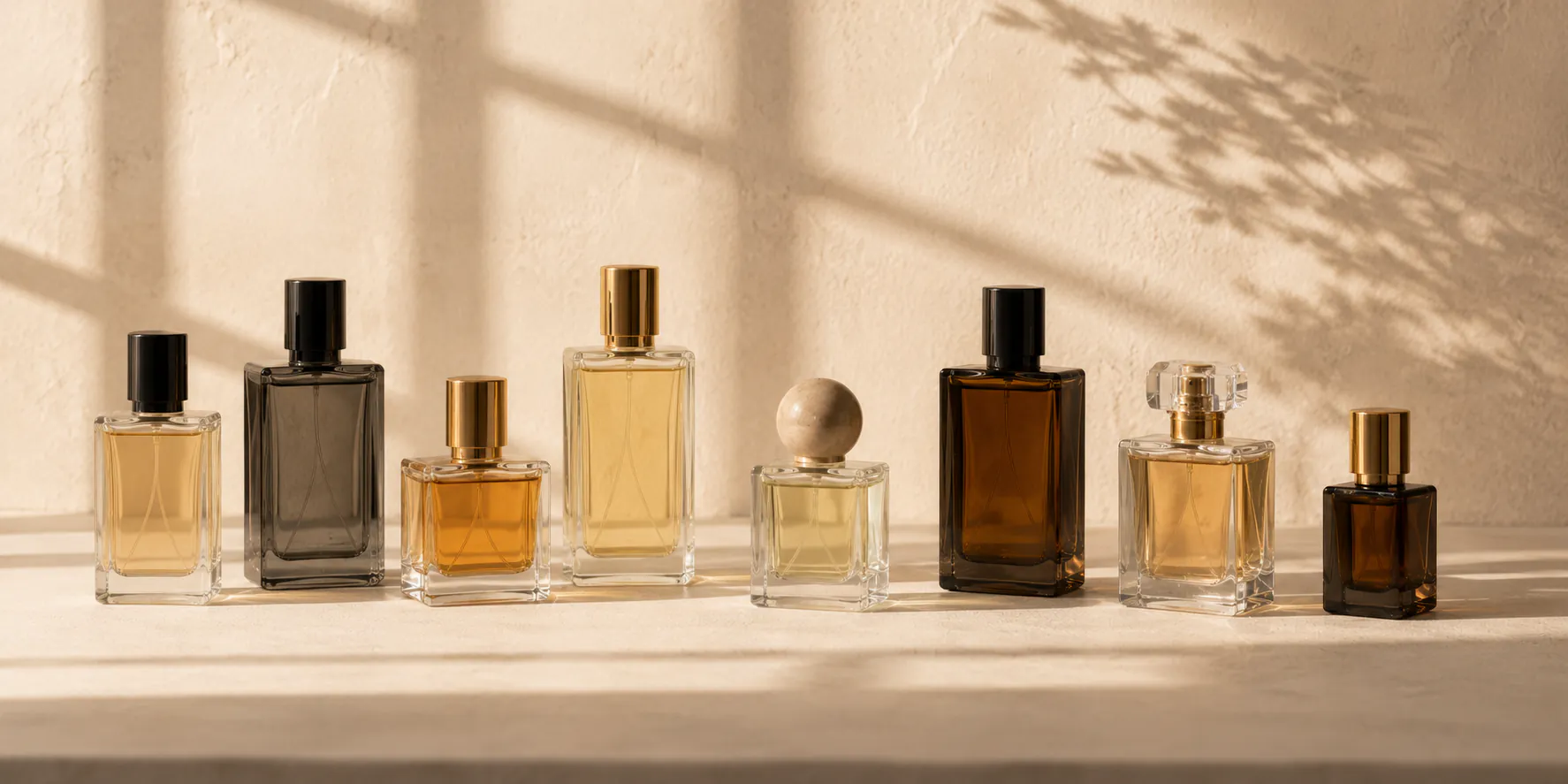 Row of NS Perfume bottles in soft window light for shopping all fragrances