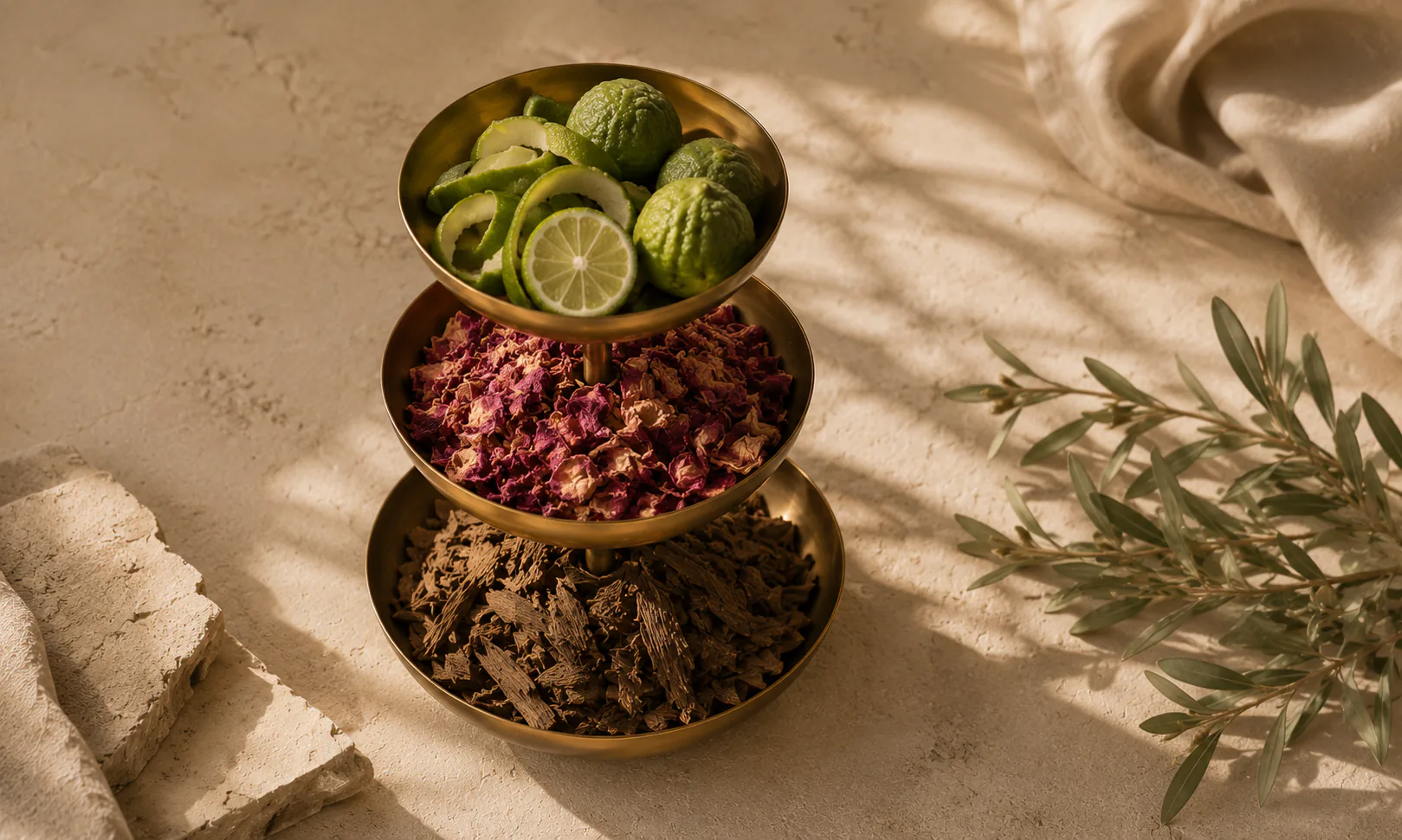 Citrus, rose, and wood notes arranged on brass trays
