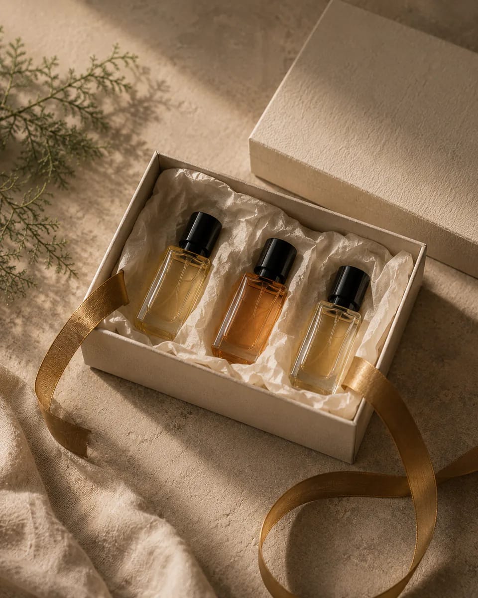 Gift tray of mini perfume vials on ivory tissue with a brass ribbon