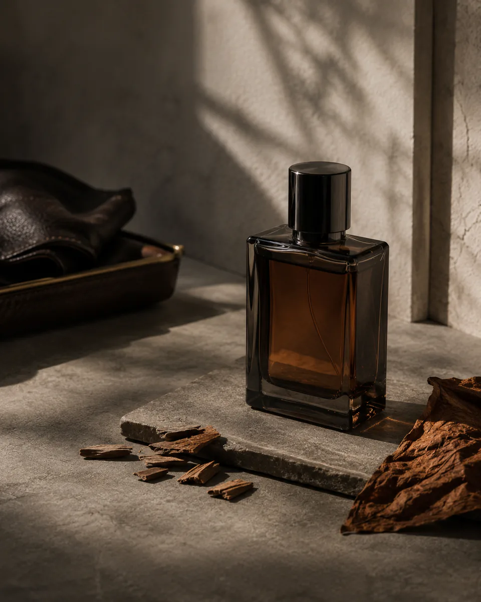 Dark amber perfume bottle on stone with cedar and leather tones